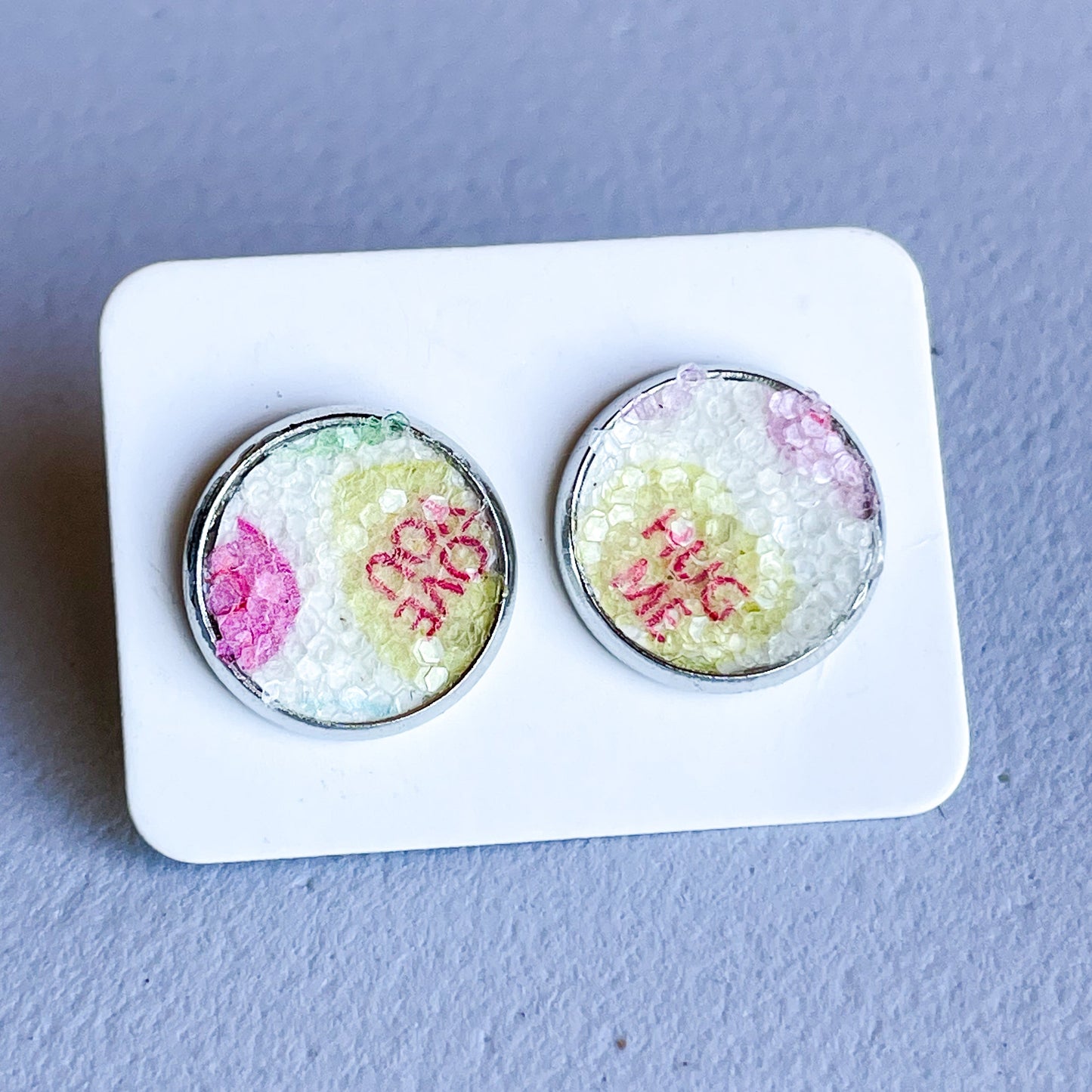 Glitter Conversation Hearts Katelyn Style Earrings |12 MM Round Studs | Valentine Round Stud Earrings