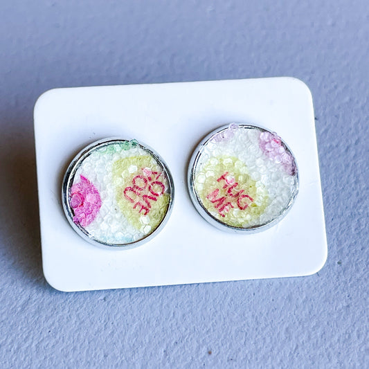 Glitter Conversation Hearts Katelyn Style Earrings |12 MM Round Studs | Valentine Round Stud Earrings