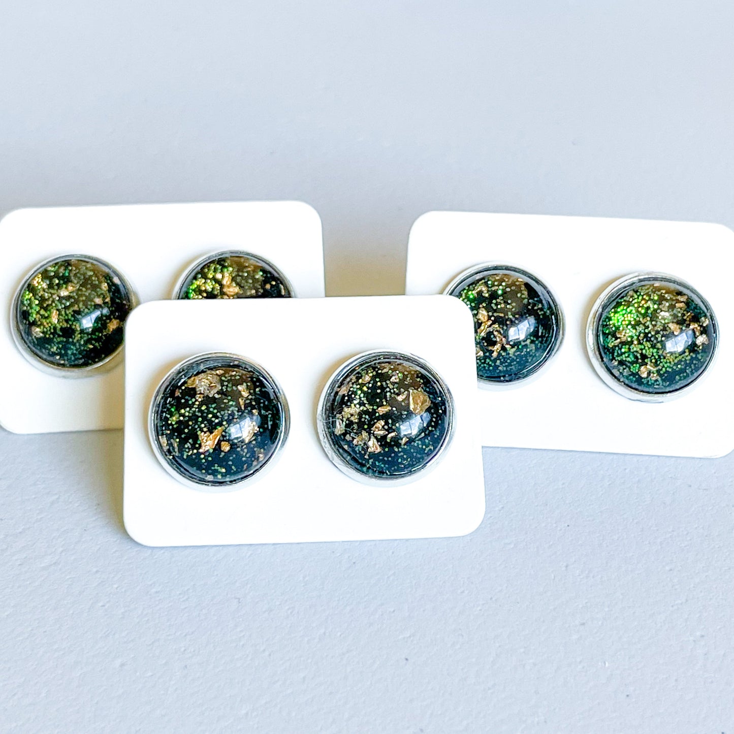 Gold Foil, Glitter and Black Katelyn Style Earrings |12 MM Round Studs | Round Stud Earrings