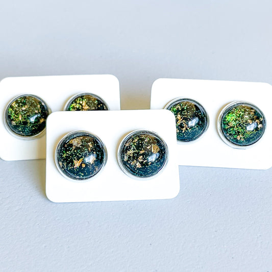 Gold Foil, Glitter and Black Katelyn Style Earrings |12 MM Round Studs | Round Stud Earrings