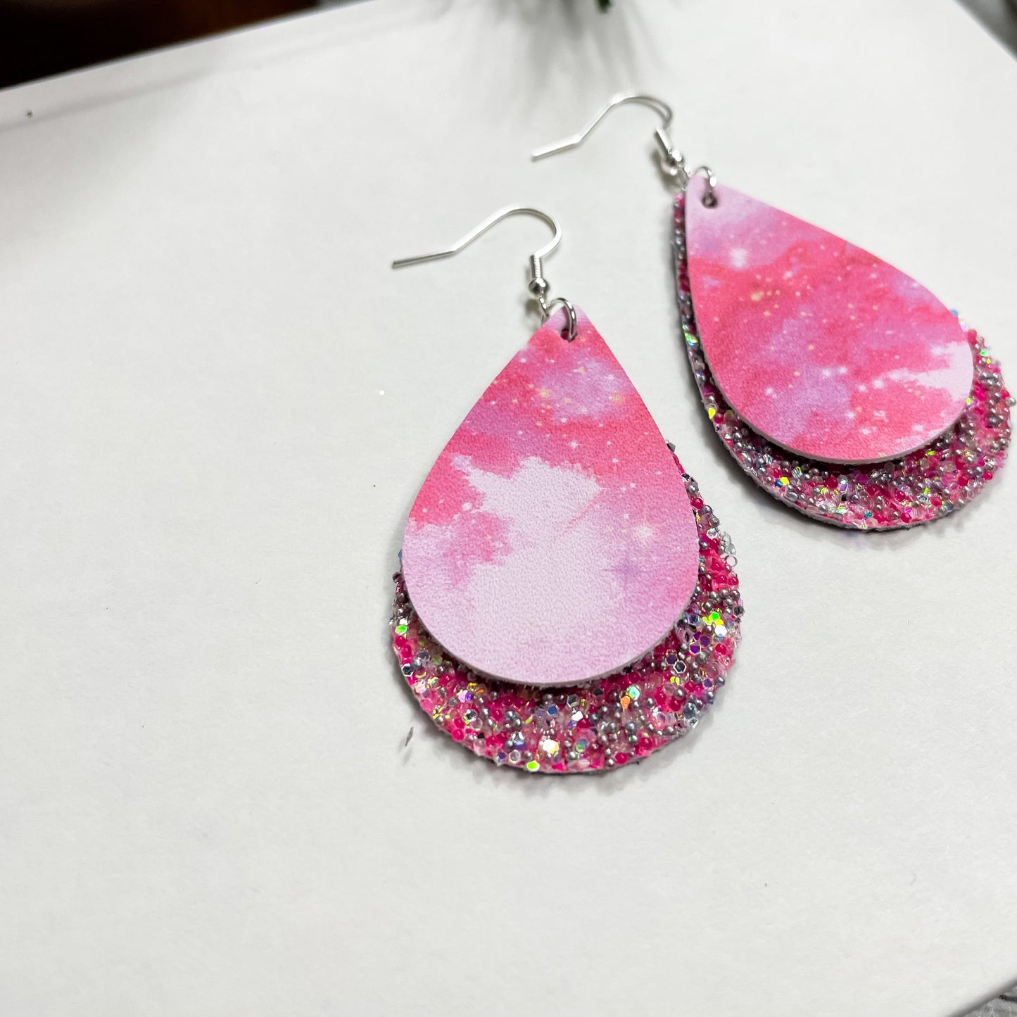 Hot Pink Galaxy Earrings | Emily Style Dangle Earrings | Layered Teardrop Shape