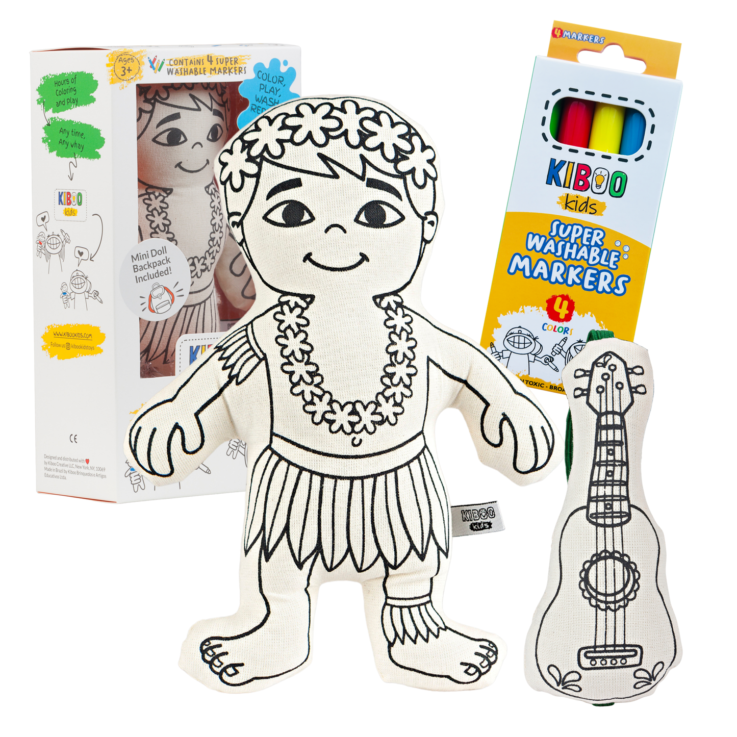 Kiboo Kids: Hula Boy with Mini Ukulele - Colorable and Washable Doll for Creative Play