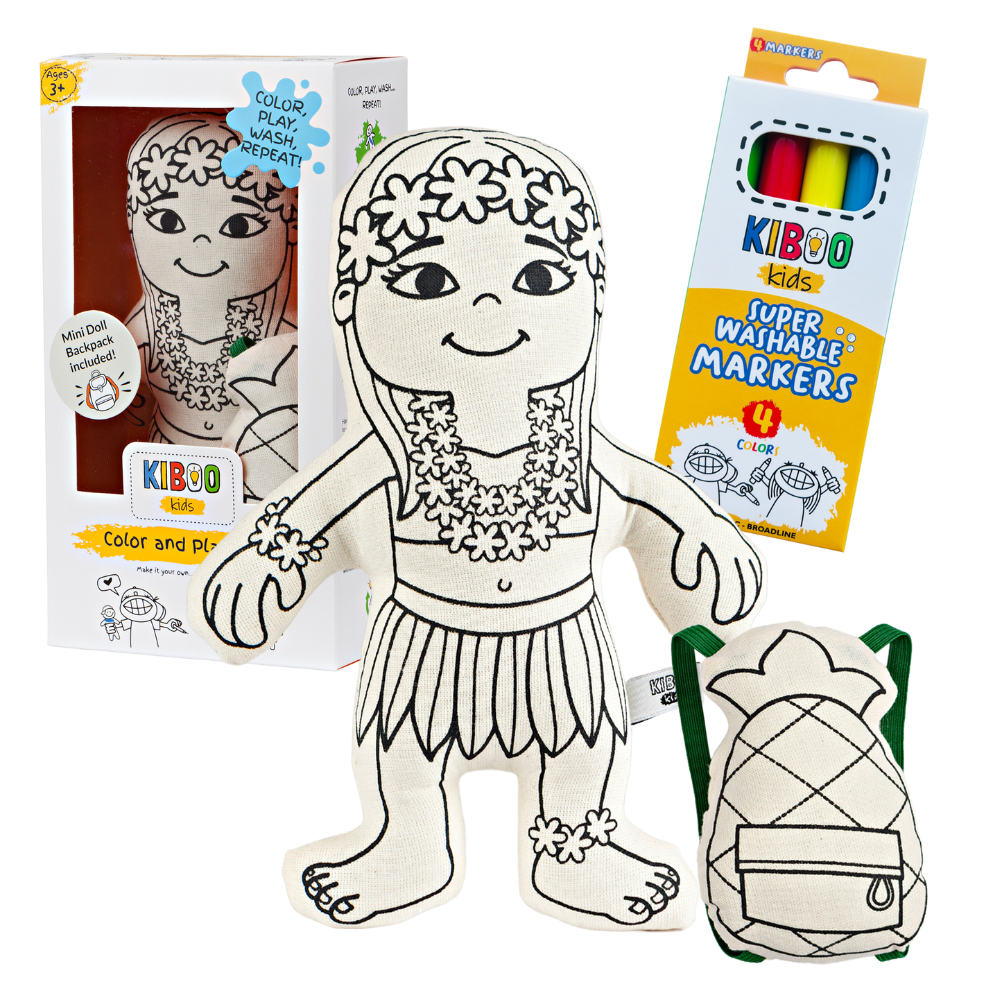 Kiboo Kids: Hula Girl with Mini Pineapple Backpack - Colorable and Washable Doll for Creative Play