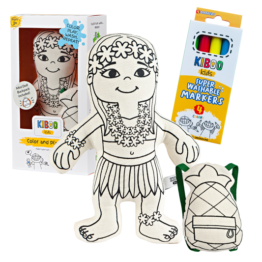 Kiboo Kids: Hula Girl with Mini Pineapple Backpack - Colorable and Washable Doll for Creative Play