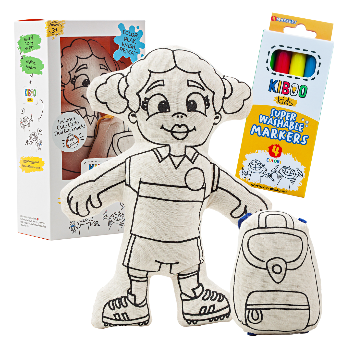 Kiboo Kids Soccer Series: Soccer Girl with Pigtails Doll - Colorable and Washable for Creative Play