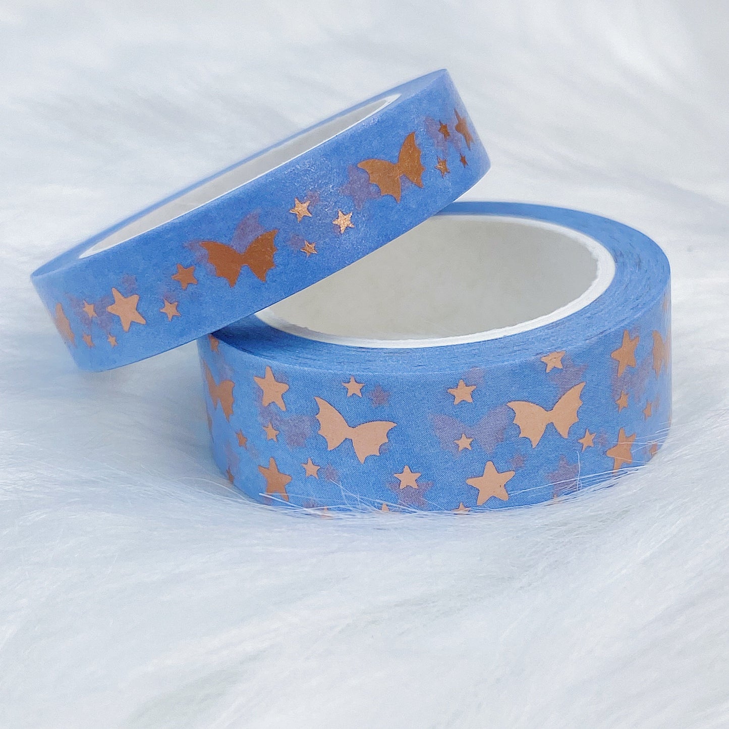 Serenity Cornflower Bat Bow Magic Washi Tape Bundle | 15 + 10 MM | Rose Gold Foil