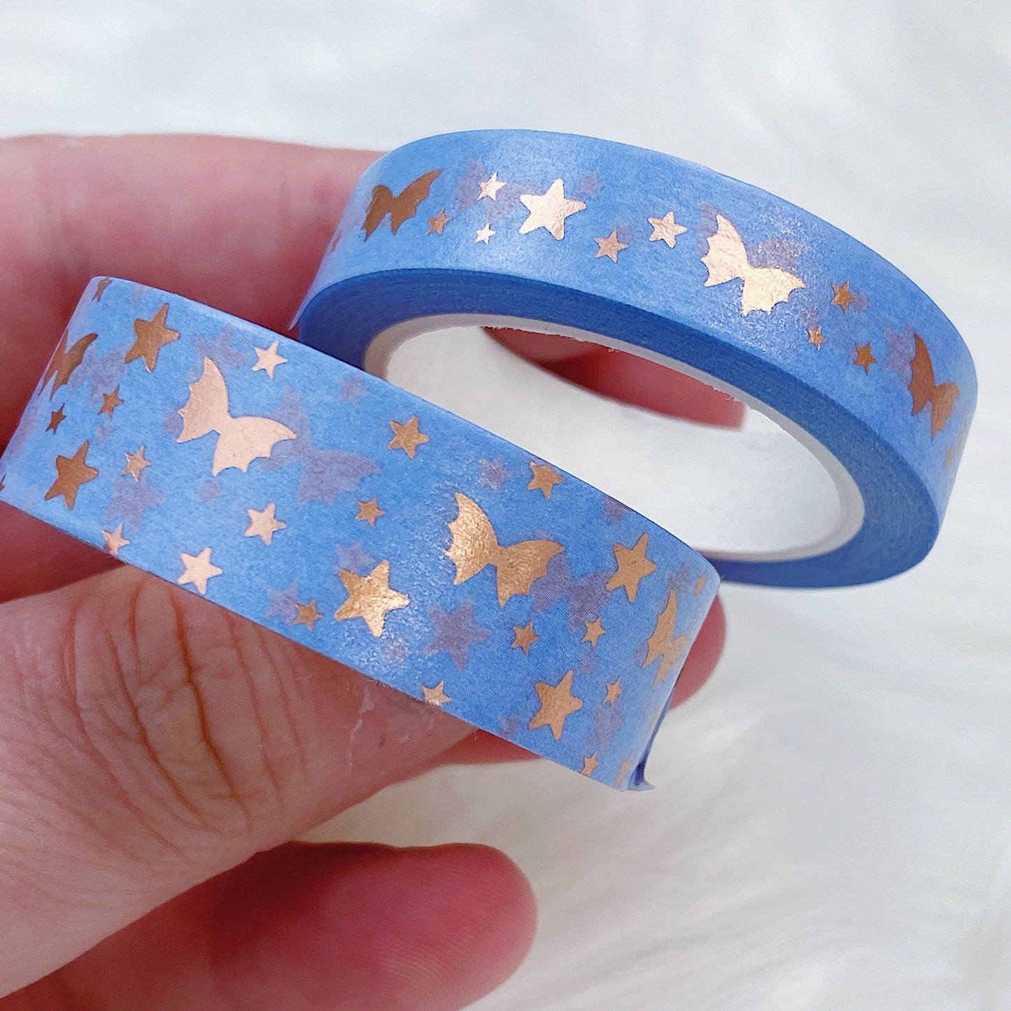 Serenity Cornflower Bat Bow Magic Washi Tape Bundle | 15 + 10 MM | Rose Gold Foil