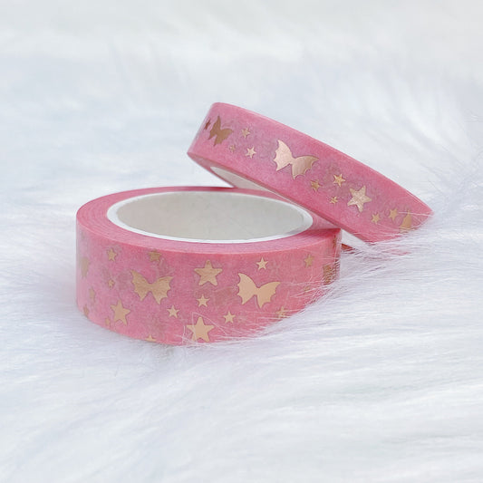 Serenity Coral Bat Bow Magic Washi Tape Bundle | 15 + 10 MM | Rose Gold Foil