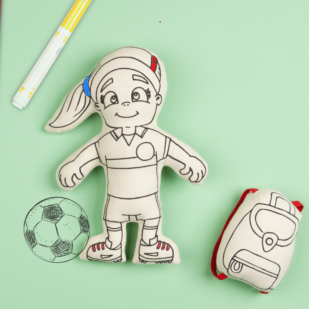 Kiboo Kids Soccer Series: Soccer Girl with Ponytail Doll - Colorable and Washable for Creative Play