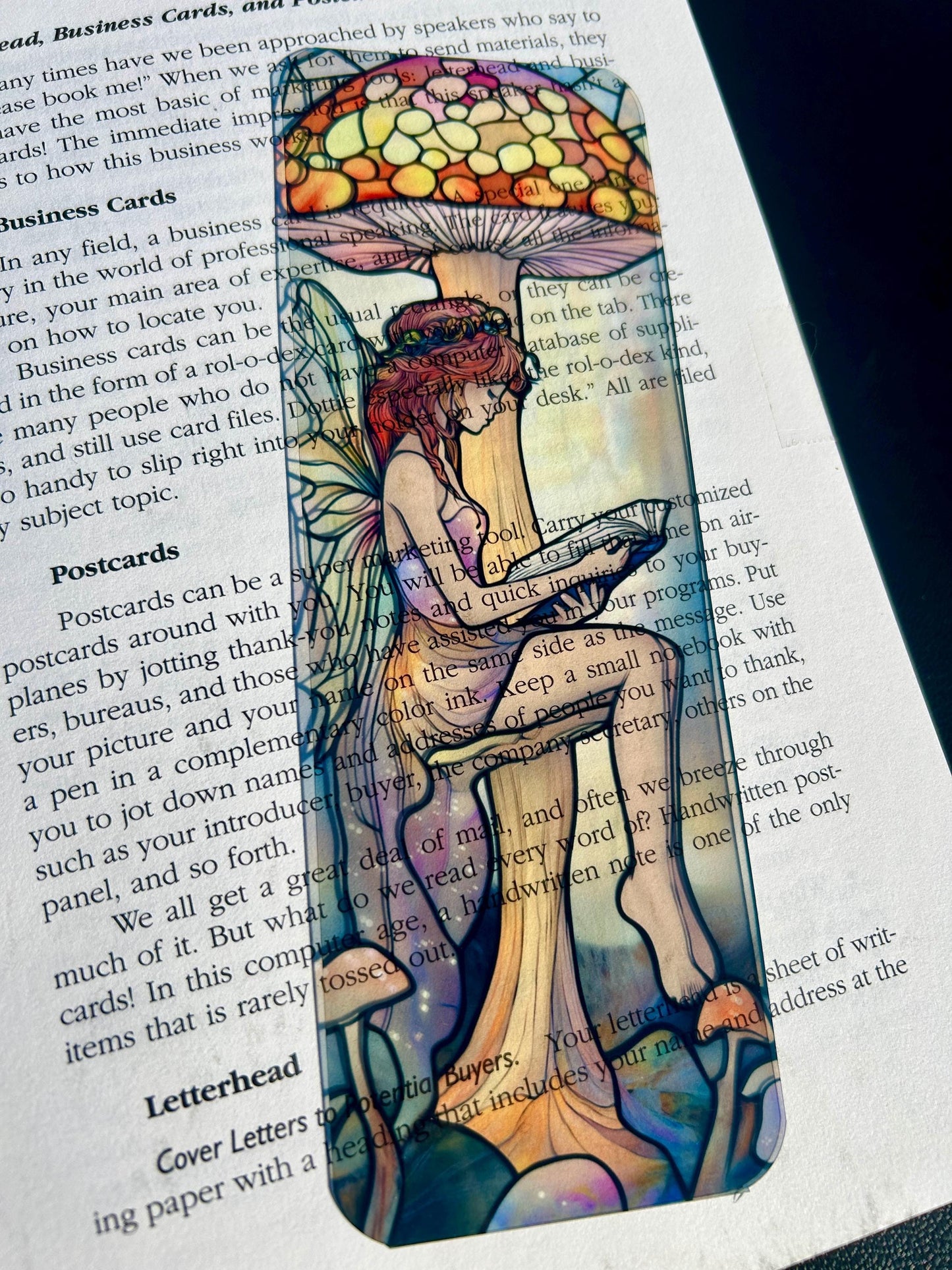 Fairy Reading Under Mushroom Bookmark in Pastel Pink and Stained Glass Style – Whimsical Fantasy Art for Book Lovers, Fairy Tale Fans