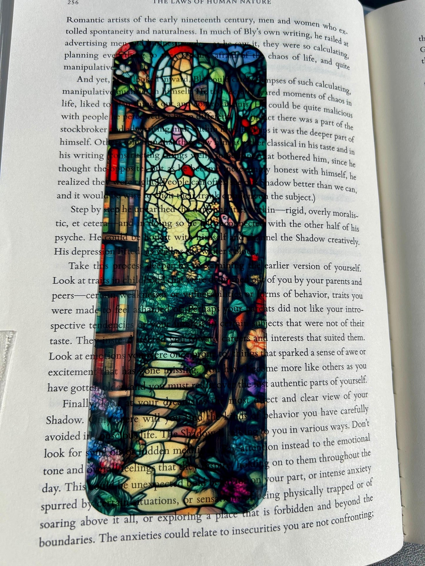 Stained Glass Library Garden Bookmark – Vibrant Bookshelf Pathway Design with Floral Arch and Magical Window for Book Lovers