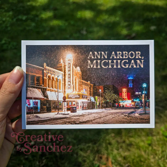 Ann Arbor Michigan Postcard – Winter Night Scene Michigan Theater – Original Postcard by Creative By Sanchez - Postcard