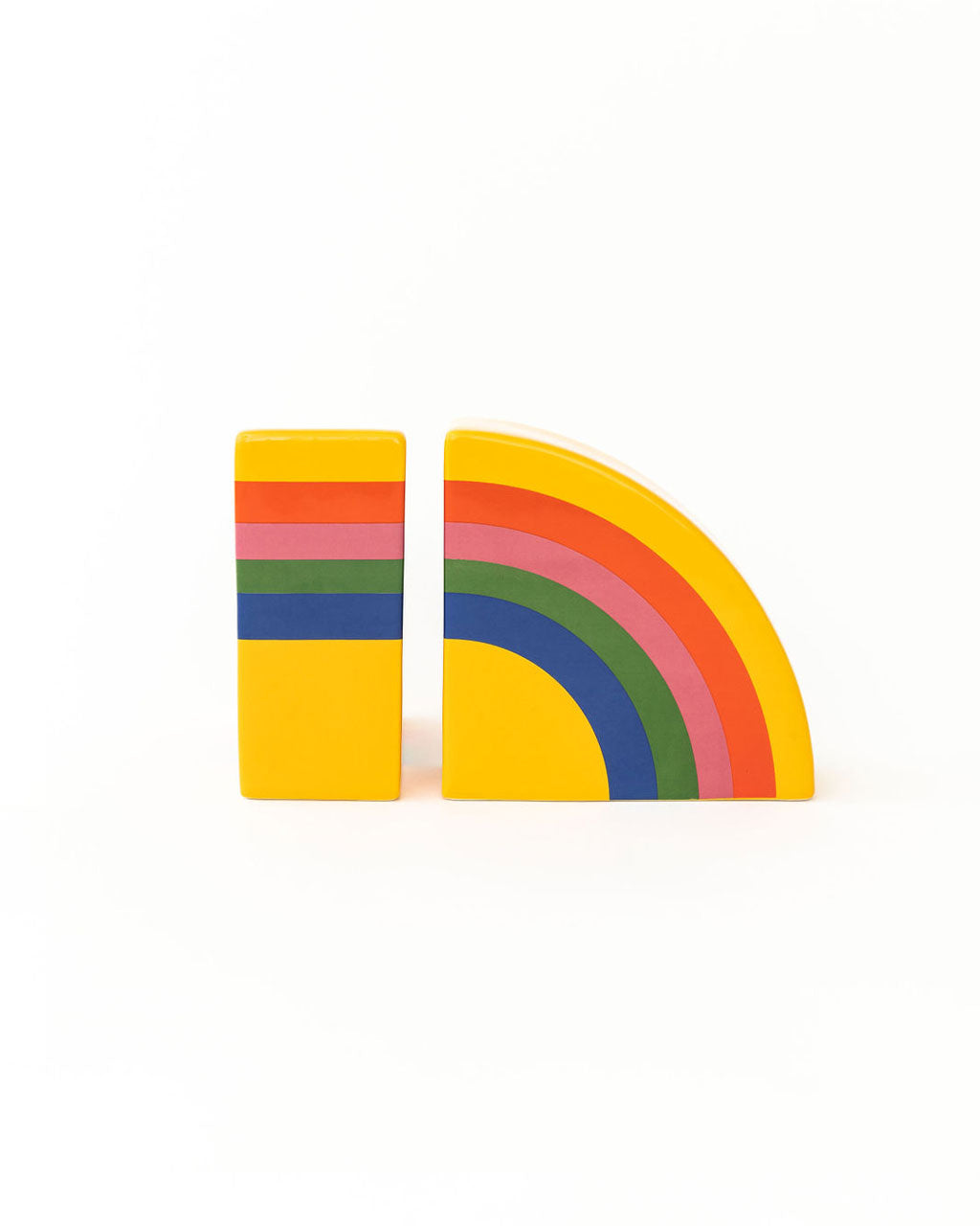 front and side view of ceramic rainbow shaped bookends