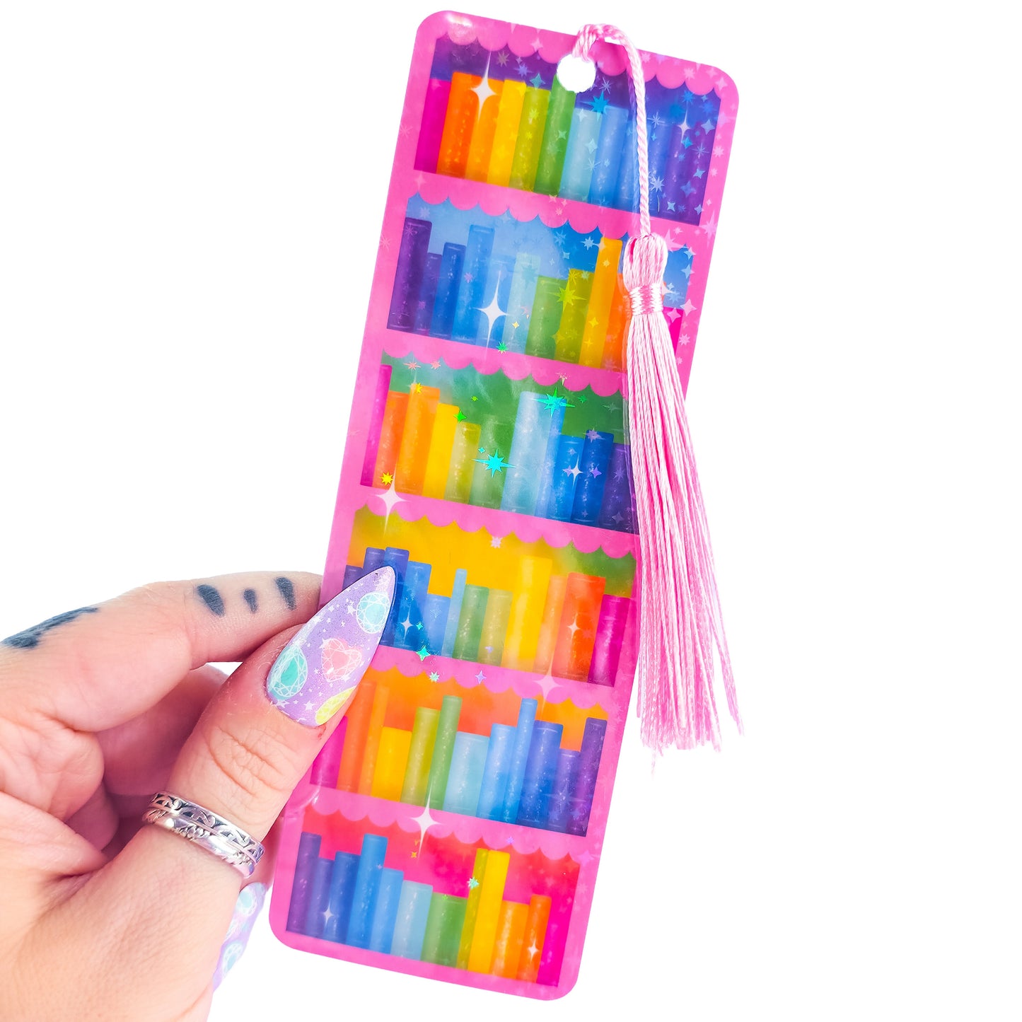 Pink Bookcase Holographic Bookmark – Rainbow Bookshelf Design, Book Lover Gift
