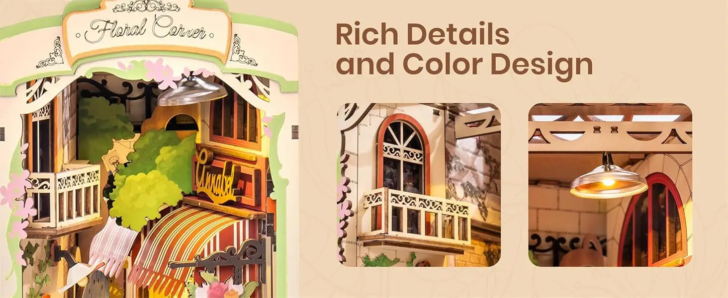 Kit de rincón de libros ROBOTIME, casa en miniatura para armar con luz LED, estantería de libros, decoración
