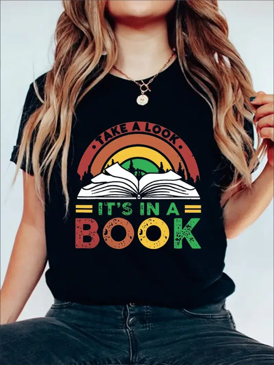 Take A Book Graphic Print Solid T-Shirt, Crew Neck Short Sleeve Casual Top For Summer & Spring, Women's Clothing