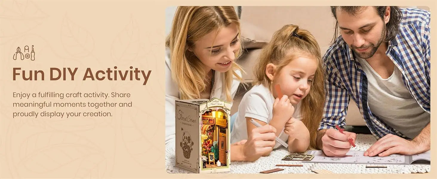 Kit de rincón de libros ROBOTIME, casa en miniatura para armar con luz LED, estantería de libros, decoración