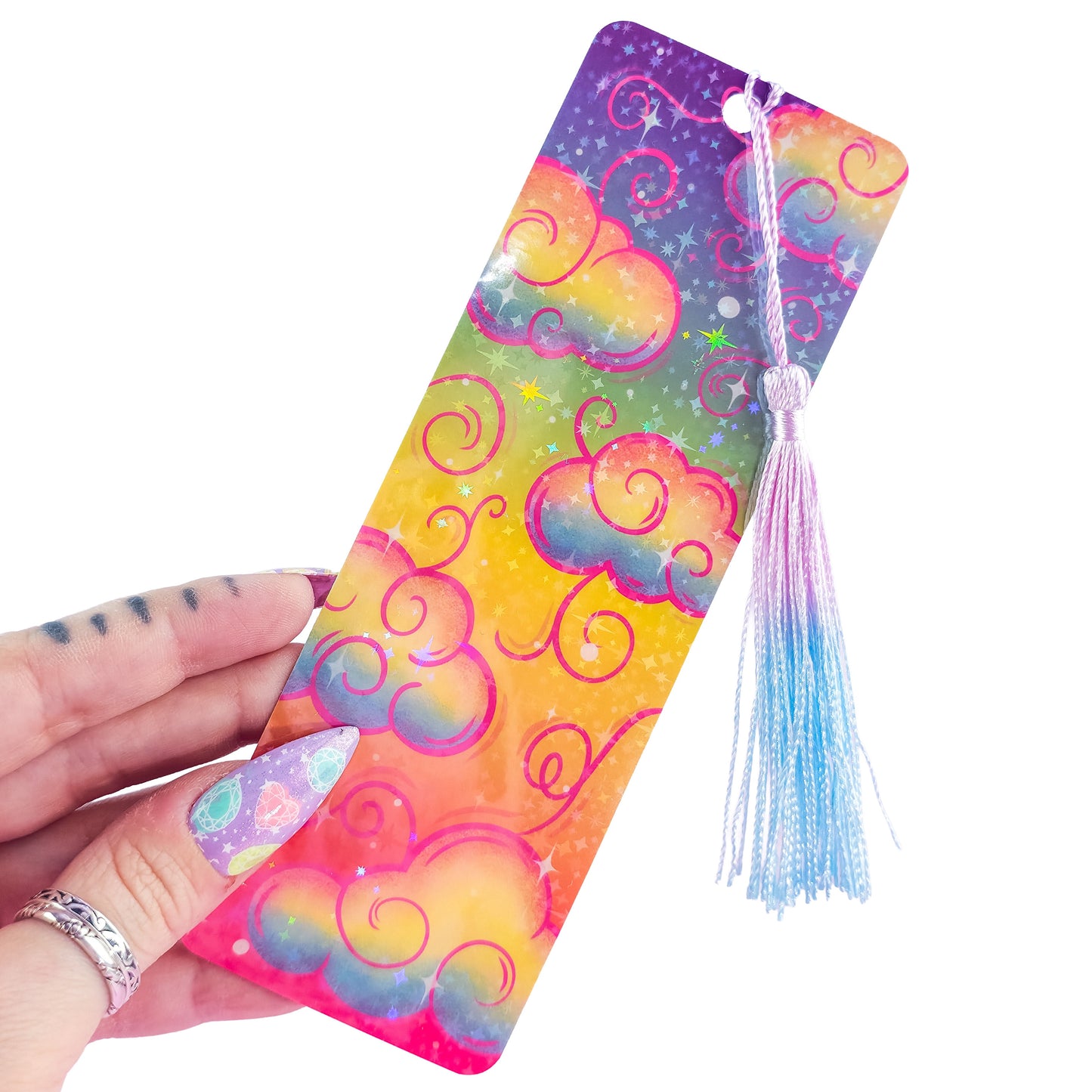 Rainbow Holographic Clouds Bookmark – Cute Colorful Bookmark, Book Lover Gift