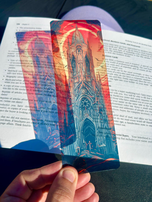 Gothic Cathedral Bookmark with Burning Sky | Gothic Spire Silhouette | Dark Bookmark | Gothic Gift | Fantasy Gift