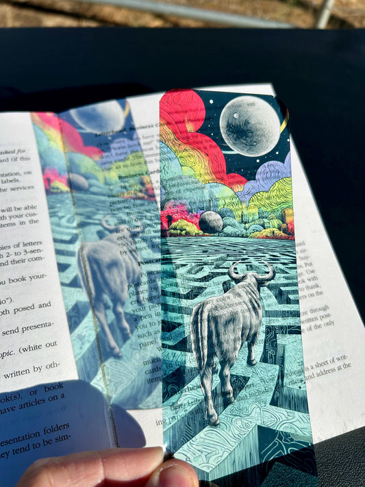 Minotaur Bookmark – Surreal Labyrinth Art with Rainbow Planets | Myth-Inspired Gift for Readers