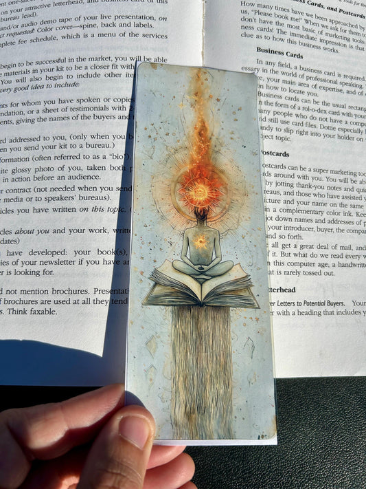 Boho Meditation Bookmark – Radiant Soul on Open Book | Solar Chakra & Cosmic Energy Flow Design