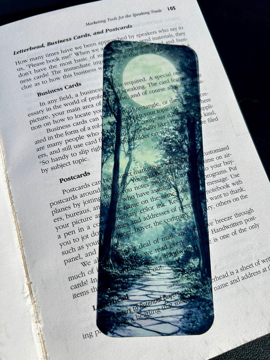 Full Moon Forest Path Bookmark – Serene Green Woods Under Full Moon | Tranquil Nature Lover Gift