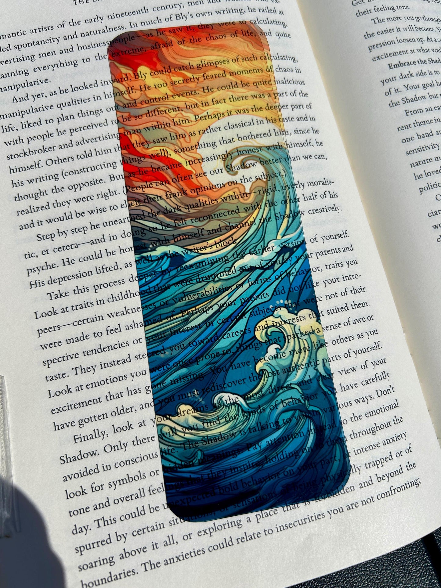 Stained Glass Ocean Waves Bookmark with Fiery Sunset and Cool Blue Sea – Calming Coastal Art for Mindfulness, Therapy, and Book Lovers