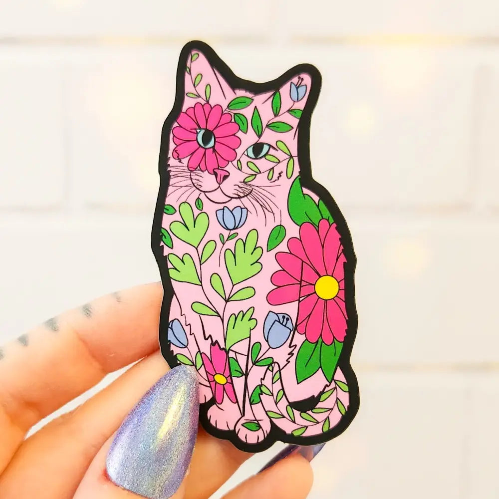 Floral Cat Sticker 1.5 x 3 in. Black Stickers