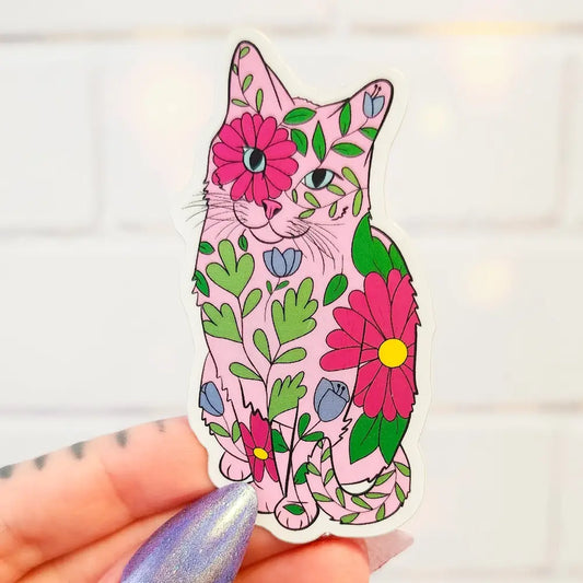 Floral Cat Sticker 1.5 x 3 in. White Stickers