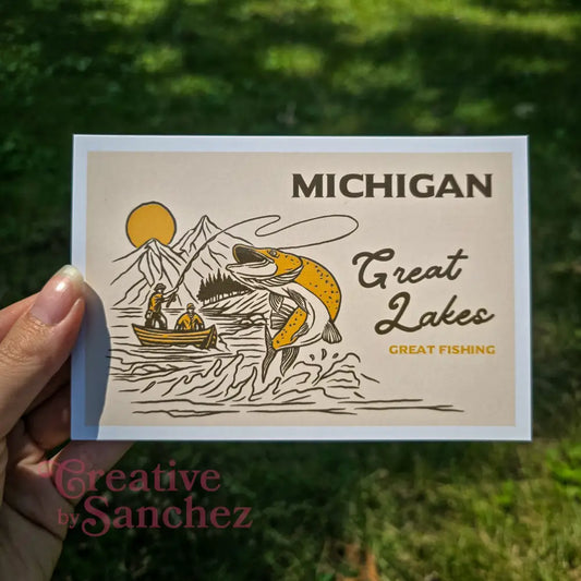 Great Lakes Fishing Postcard – Retro Illustration – Michigan Travel Souvenir by Creative By Sanchez - Postcard