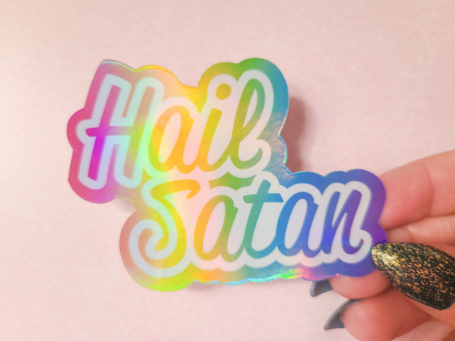Hail Satan - Rainbow Holographic Sticker, 3 x 2.25 in.