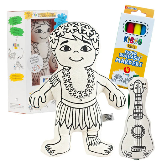 Kiboo Kids: Hula Boy with Mini Ukulele Colorable and Washable Doll for Creative Play Color and Play Doll
