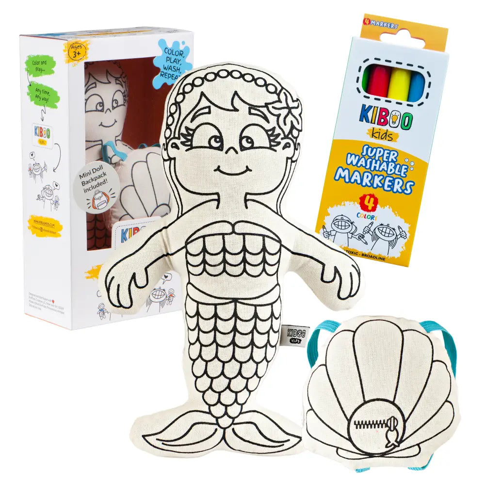 Kiboo Kids: Mermaid with Mini Shell Backpack Colorable and Washable Doll for Creative Play Color and Play Doll