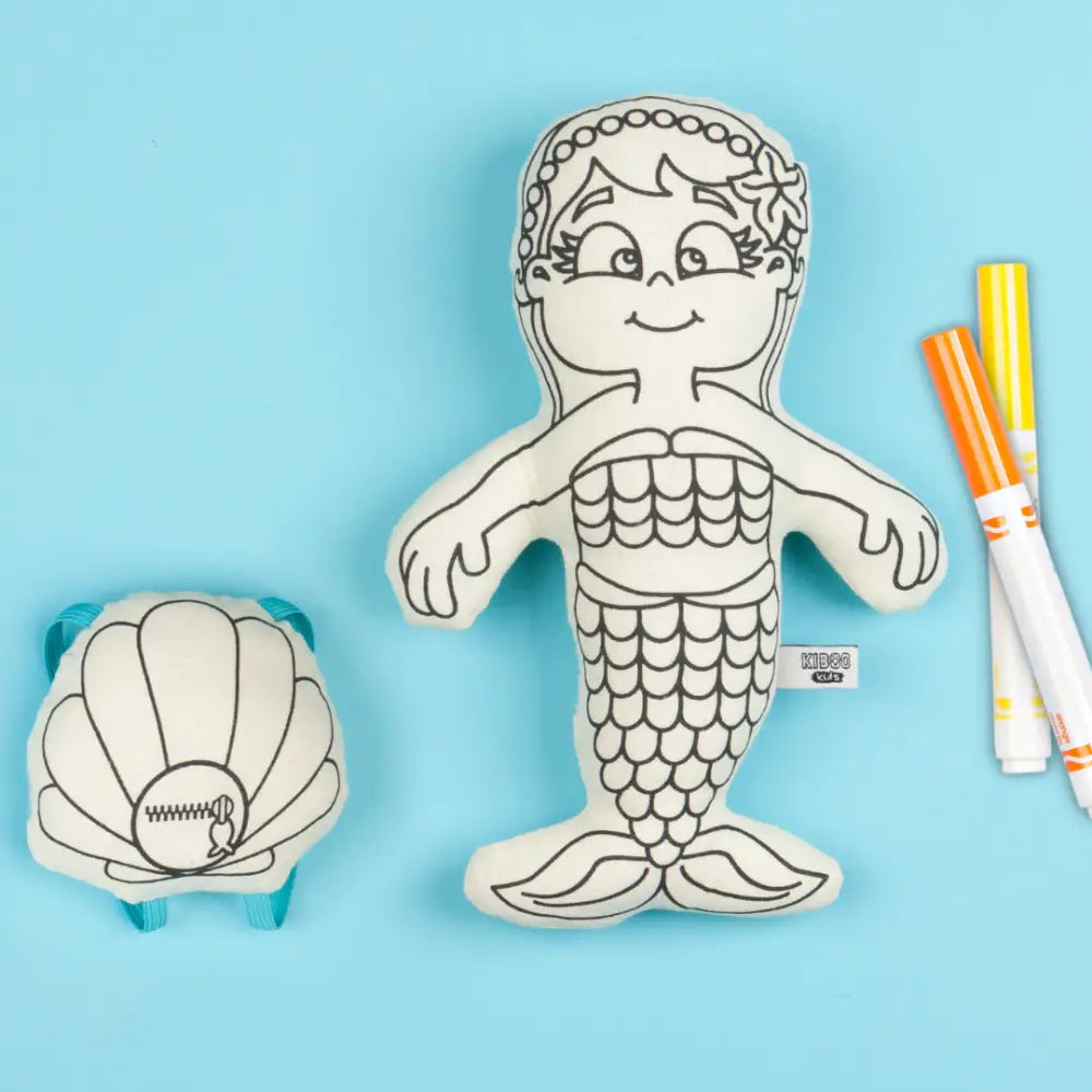 Kiboo Kids: Mermaid with Mini Shell Backpack Colorable and Washable Doll for Creative Play Color and Play Doll