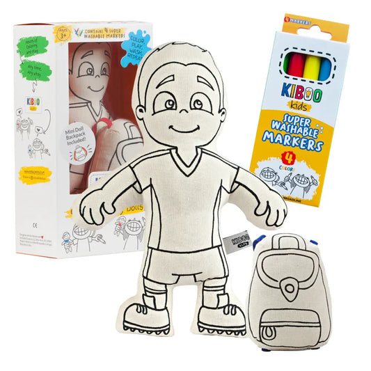Kiboo Kids Soccer Series: Soccer Boy Doll Colorable and Washable for Creative Play Color and Play Doll