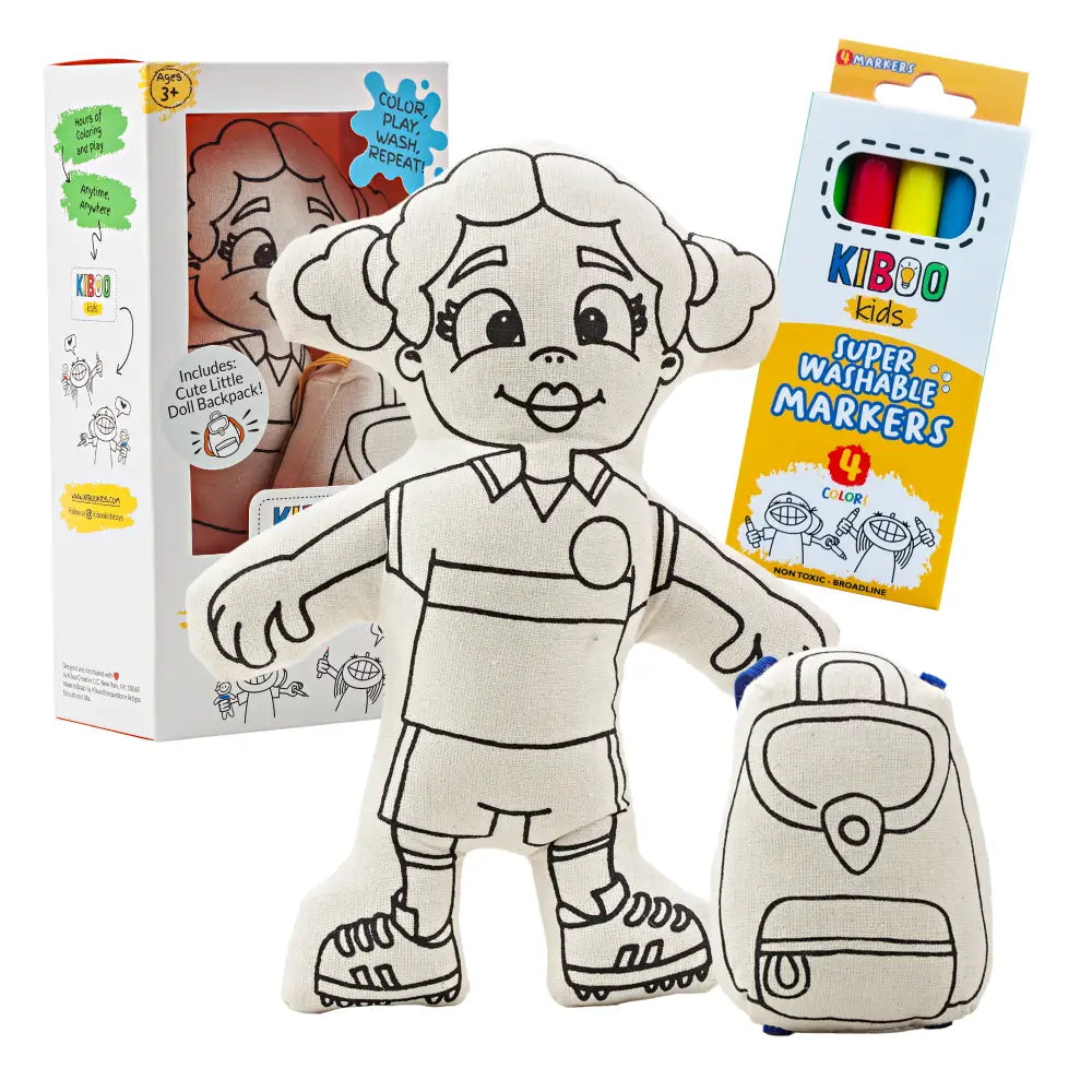 Kiboo Kids Soccer Series: Soccer Girl with Pigtails Doll Colorable and Washable for Creative Play Color and Play Doll