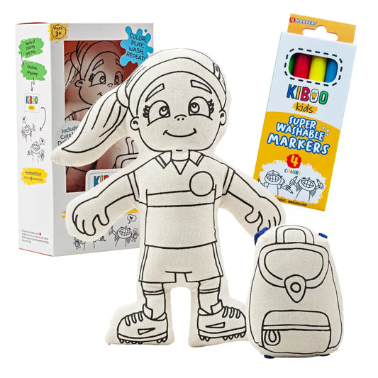 Kiboo Kids Soccer Series: Soccer Girl with Ponytail Doll Colorable and Washable for Creative Play Color and Play Doll