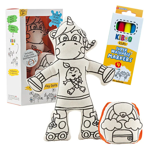 Kiboo Kids: Unicorn with Mini Rainbow Backpack Colorable and Washable Doll for Creative Play Color and Play Doll