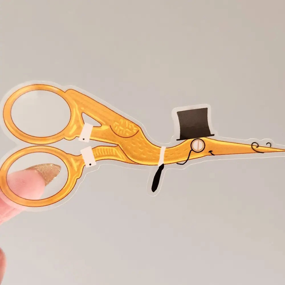 Mr Stork Embroidery Scissors Clear Sticker 4 x 1.8 B grade (smudge above top hat) Stickers