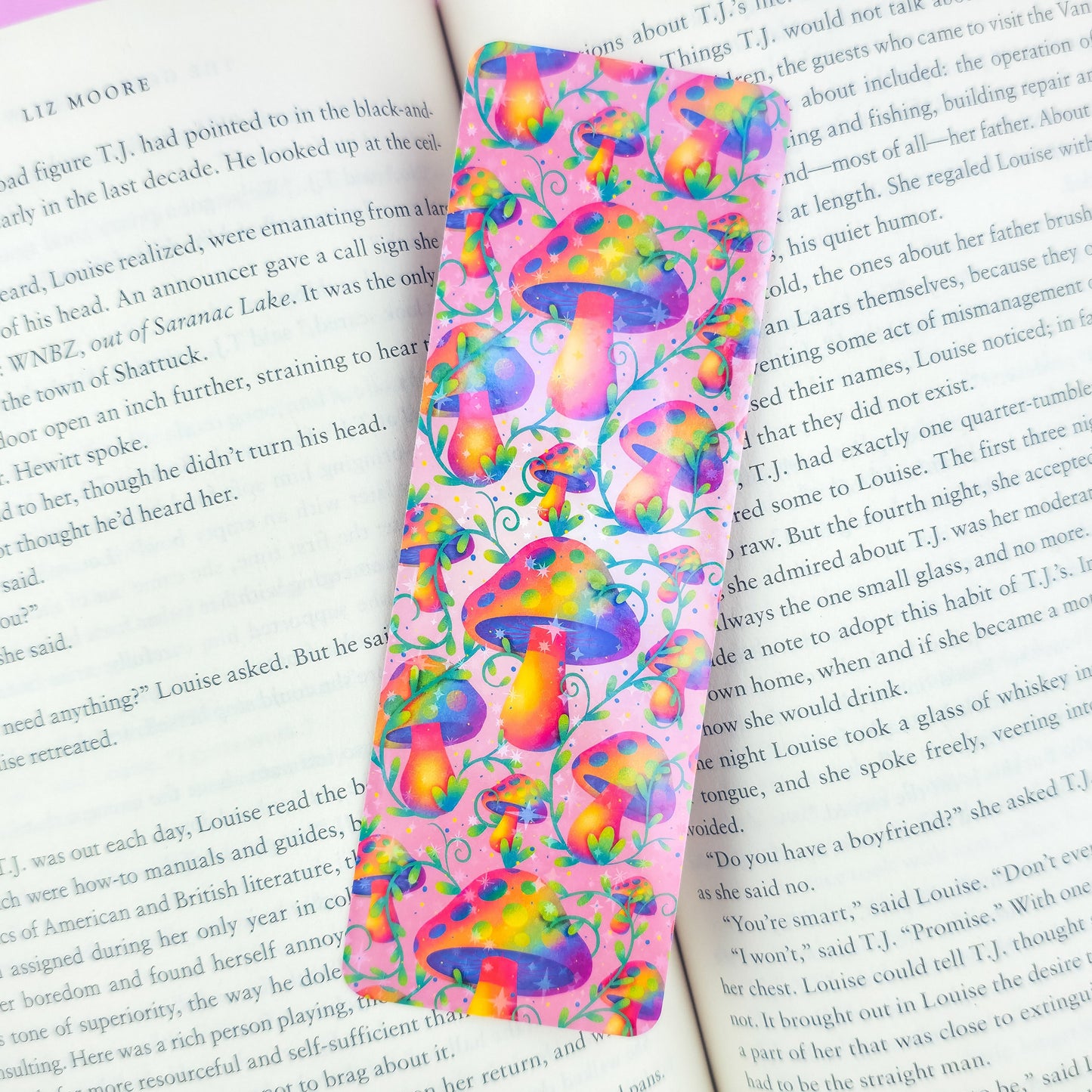 Pink Mushroom Bookmark – Holographic Handmade Bookmark with Tassel Option