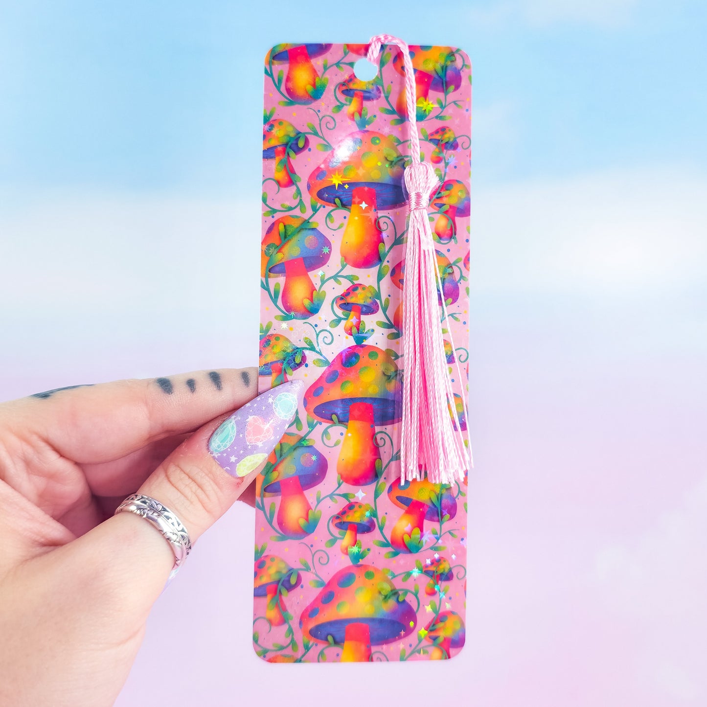 Pink Mushroom Bookmark – Holographic Handmade Bookmark with Tassel Option