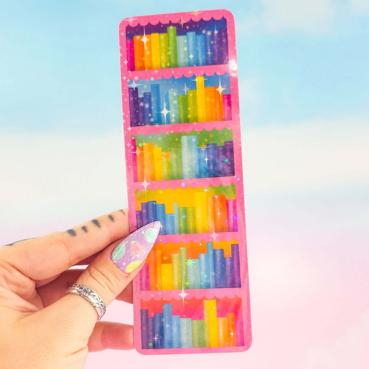 Pink Bookcase Holographic Bookmark – Rainbow Bookshelf Design, Book Lover Gift