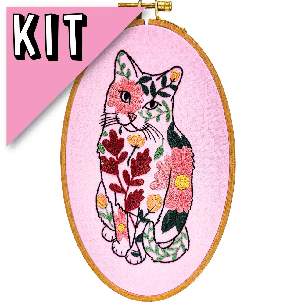 Poppy Flower Cat Embroidery Kit 8 x 5 in. Kits
