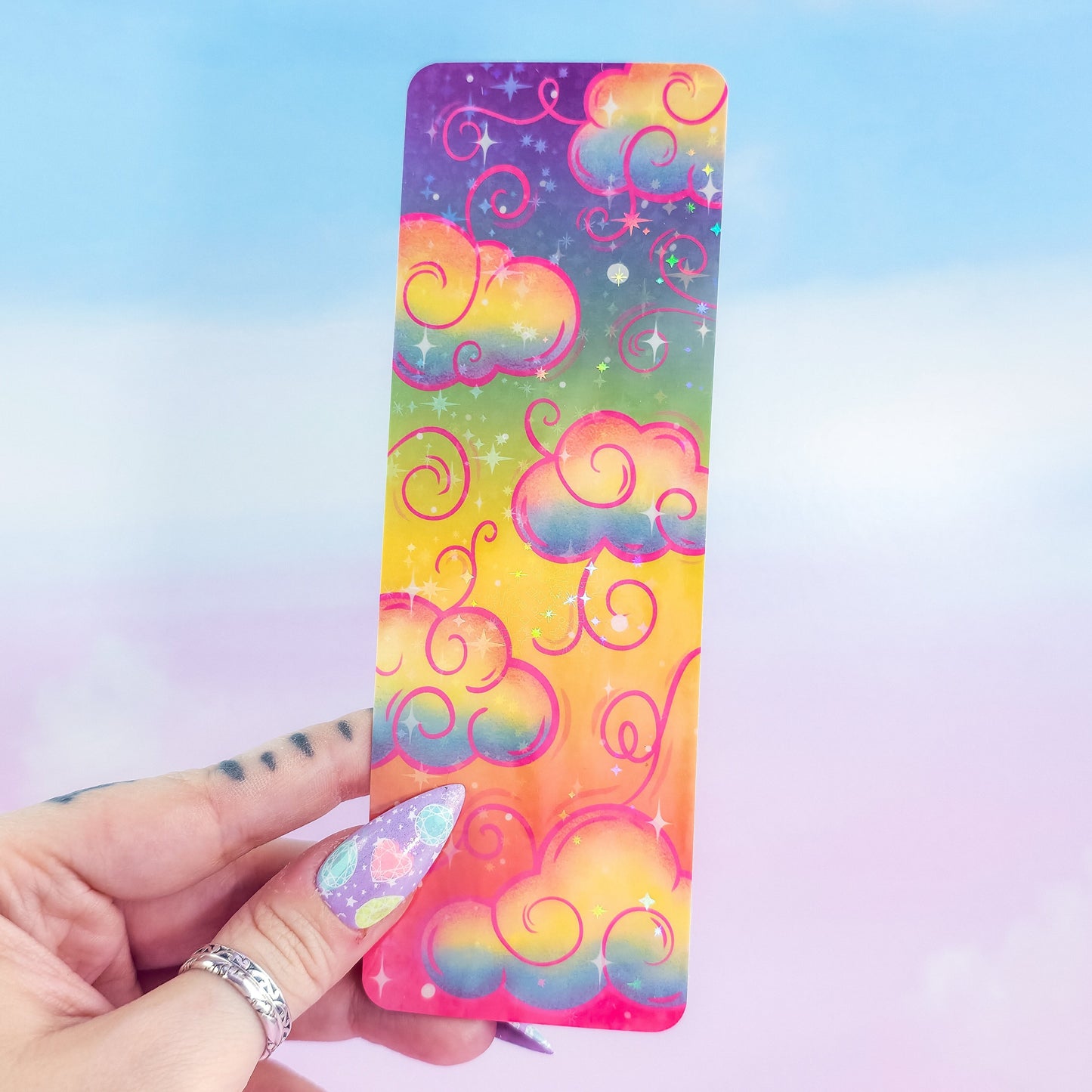 Rainbow Holographic Clouds Bookmark – Cute Colorful Bookmark, Book Lover Gift