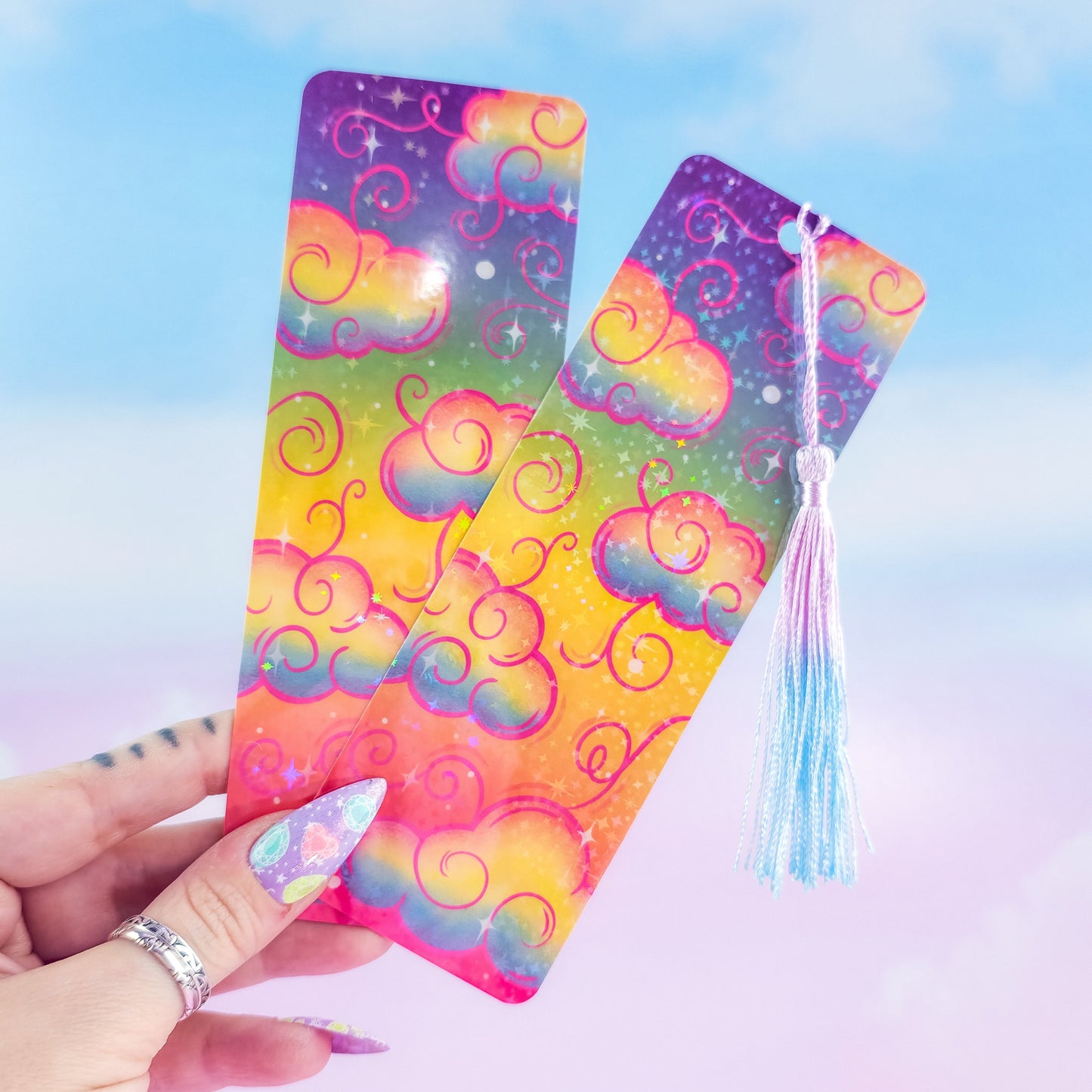 Rainbow Holographic Clouds Bookmark – Cute Colorful Bookmark, Book Lover Gift