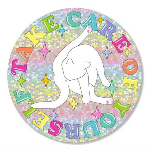 ’Take Care of Yourself’ Cat Butthole Sticker 3 in. Holographic Background Stickers