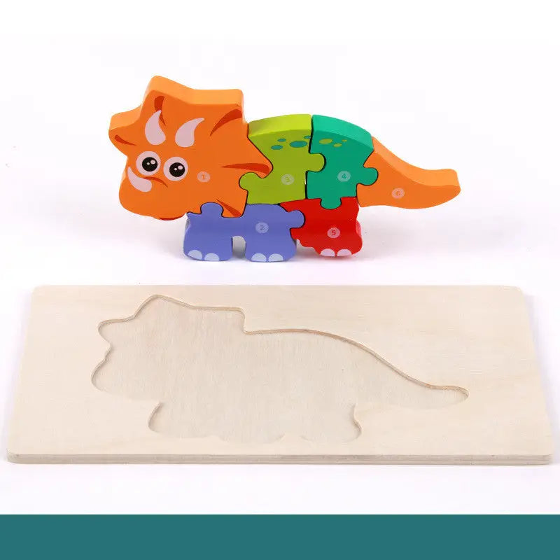 Wooden Three dimensional Dinosaur Puzzle Triceratops Learning Toys